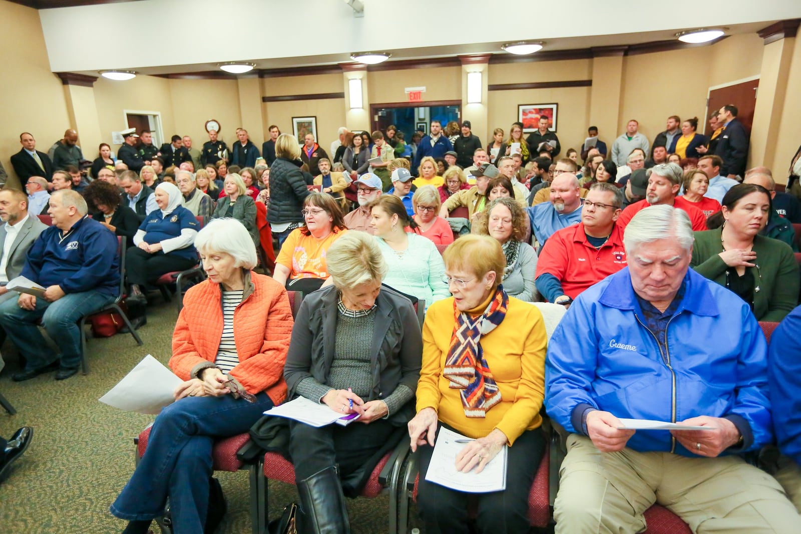 Dozens of union workers and West Chester residents crowded the West Chester Twp. Administration building for the Board of Trustees meeting, Tuesday, Jan. 24, 2017. GREG LYNCH / STAFF