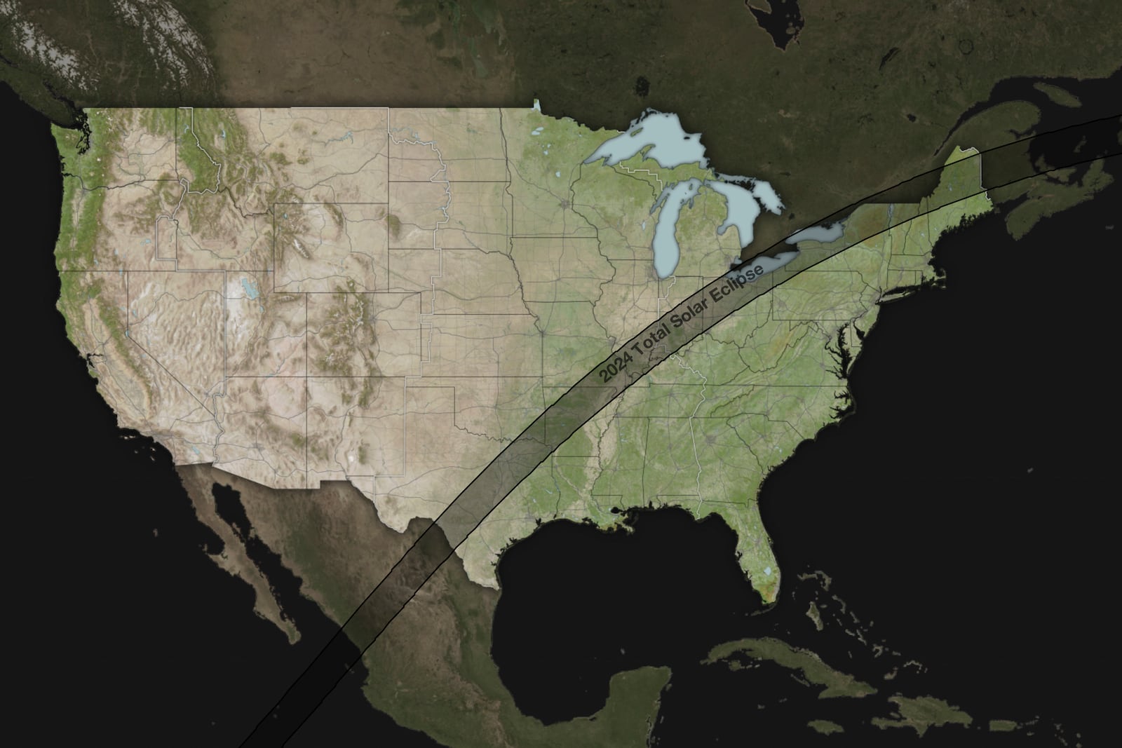 This image from the NASA Eclipse Explorer website shows the path of the April 8, 2024 total solar eclipse over North America. An estimated 44 million people live inside the 110-mile-wide (180-kilometer-wide) path of totality stretching from Mazatlán, Mexico to Newfoundland. (NASA via AP)