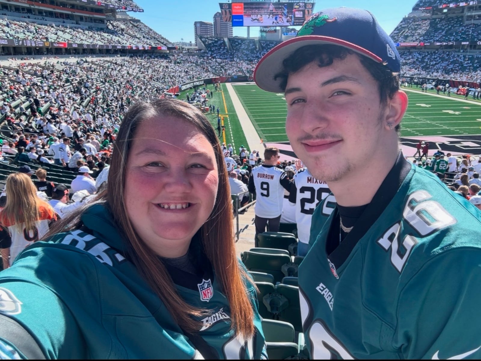 Sarah Pierson, of Middletown, poses for a photo with her son, Jonathan, while rooting for the the Philadelphia Eagles to defeat the Cincinnati Bengals at Paycor Stadium on Oct. 20, 2024. The Eagles won 37-17. CONTRIBUTED