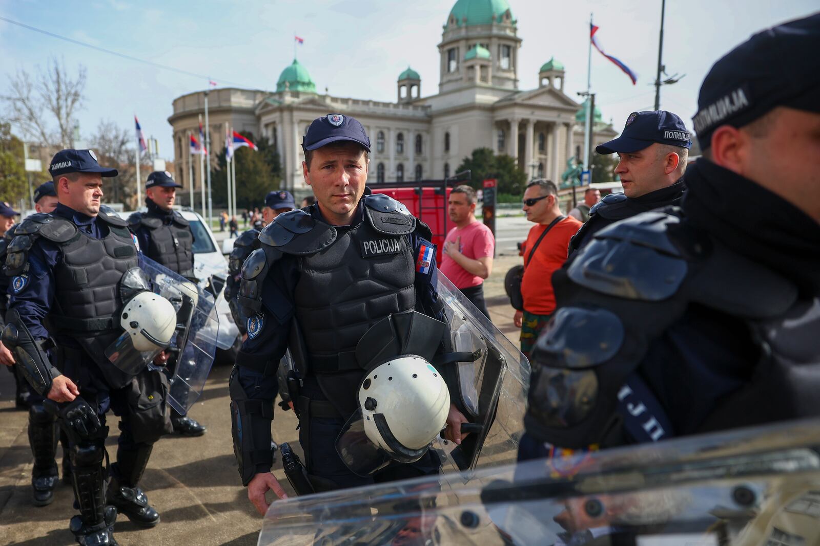 Police officers stand guard prior to a an anti-corruption rally in Belgrade, Serbia, Saturday, March 15, 2025. (AP Photo/Armin Durgut)