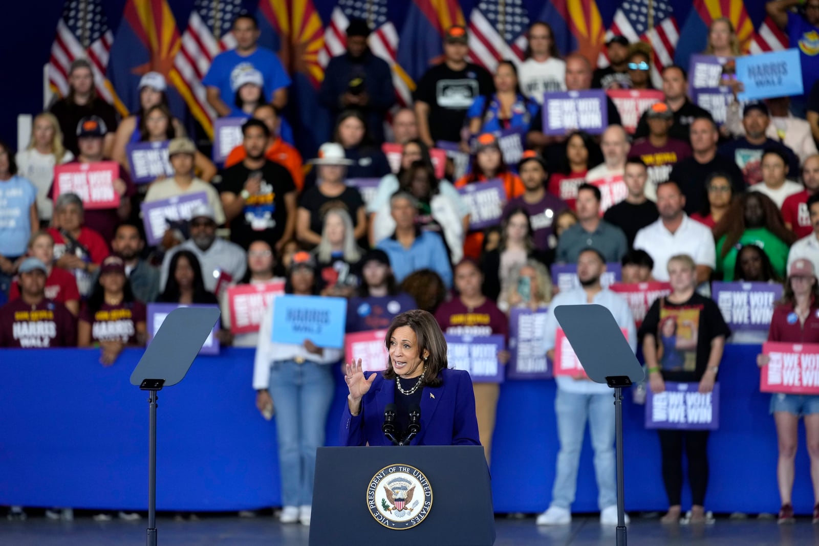 Democratic presidential nominee Vice President Kamala Harris speaks during a campaign event at Talking Stick Resort Amphitheatre, Thursday, Oct. 31, 2024, in Phoenix. (AP Photo/Matt York)