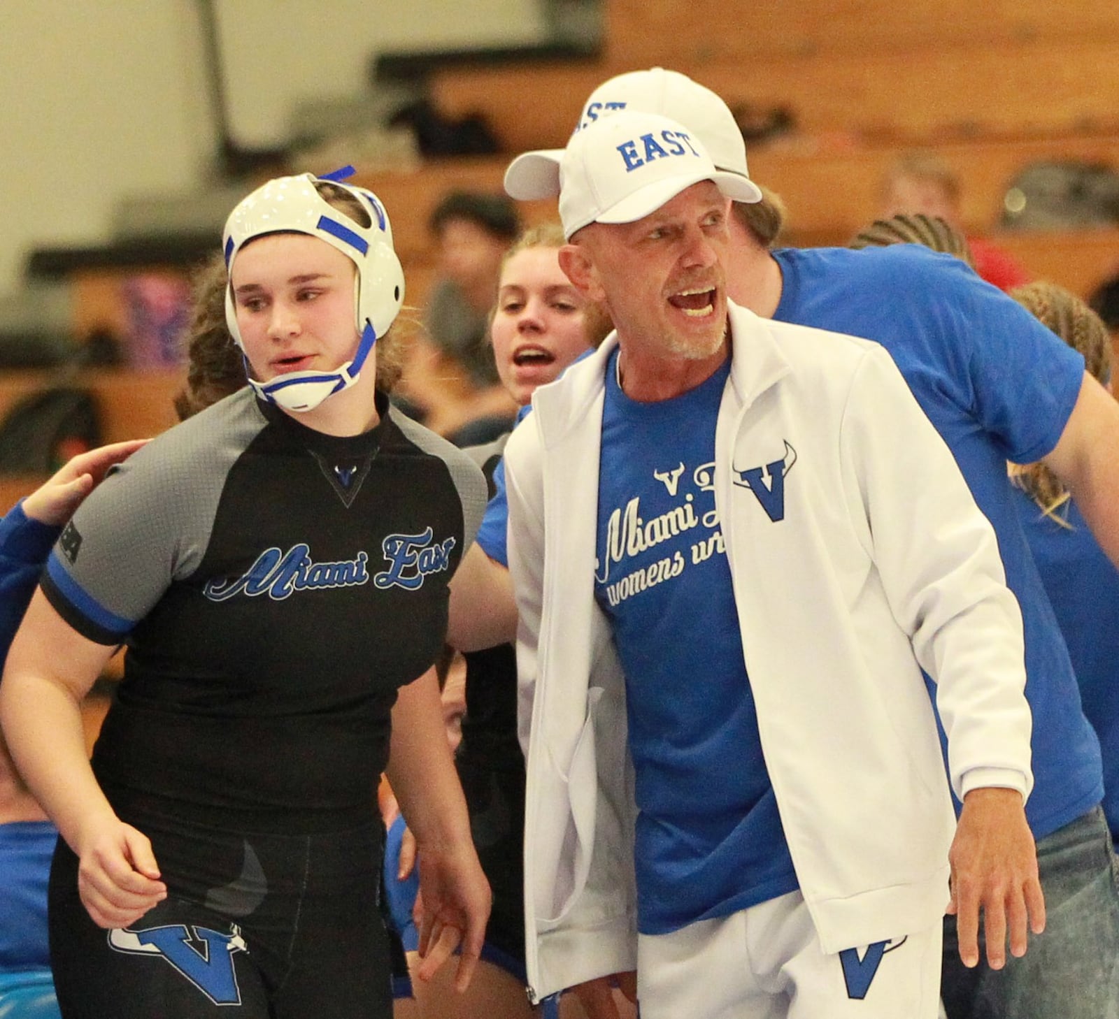 Miami East girls wrestling coach George Shore. Olentangy Orange defeated host Miami East 48-36 in the Ohio’s first girls high school dual wrestling match on Wednesday, Dec. 18, 2019. MARC PENDLETON / STAFF