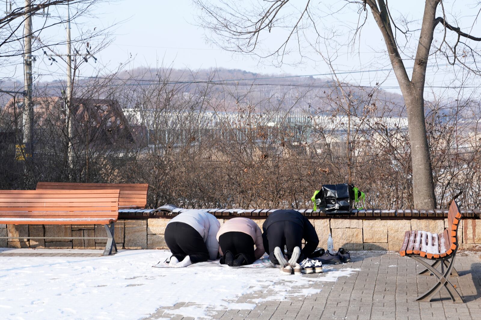 People bow to respect for their ancestors in North Korea, on the Lunar New Year near the military barbed-wire fence at the Imjingak Pavilion in Paju, South Korea, Wednesday, Jan. 29, 2025. (AP Photo/Lee Jin-man)