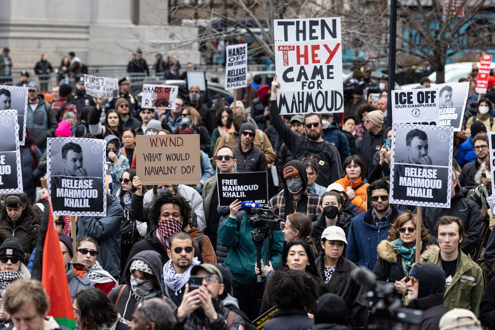 A crowd gathers in Foley Square, outside the Manhattan federal court, in support of Mahmoud Khalil, Wednesday, March 12, 2025, in New York. (AP Photo/Stefan Jeremiah)