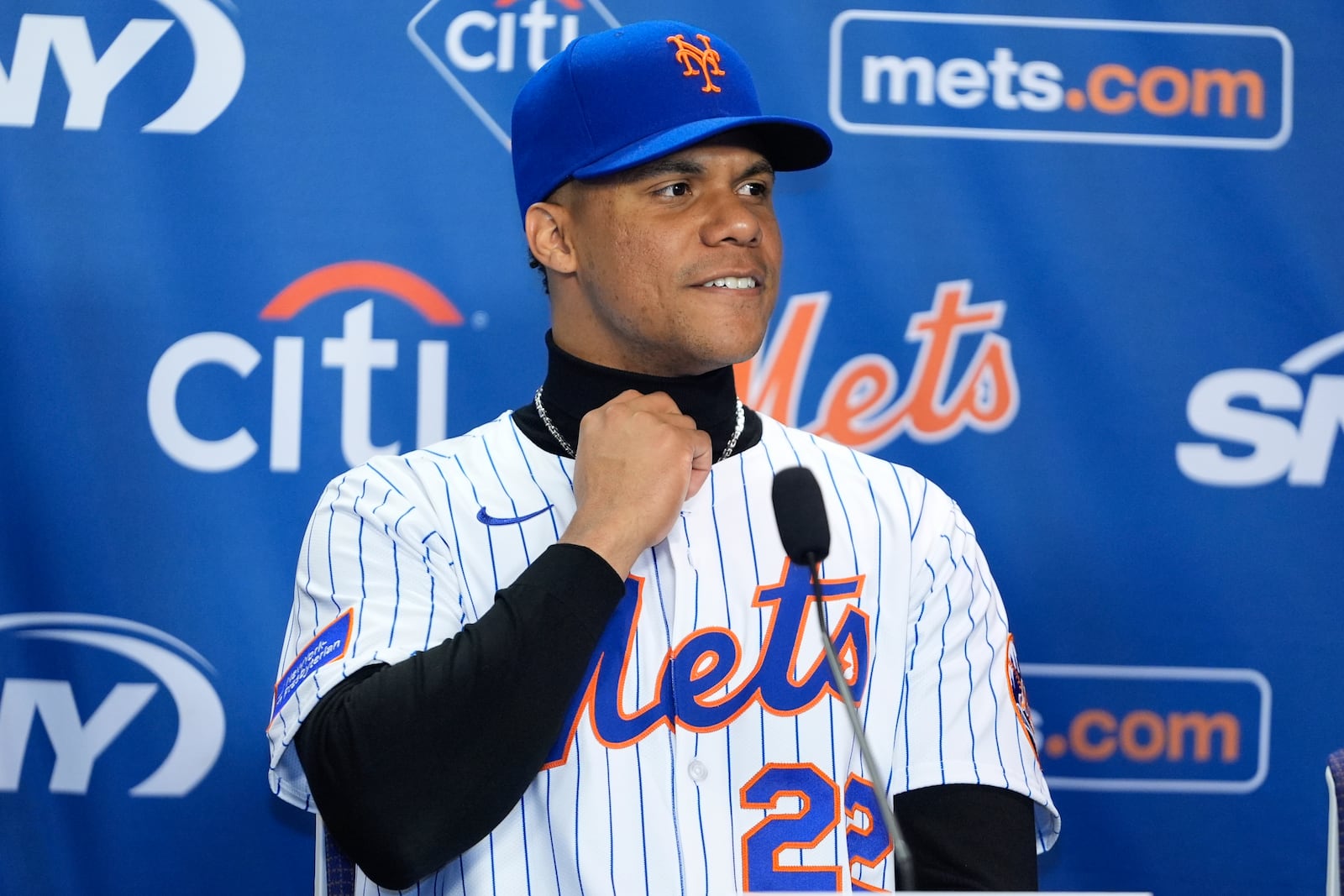 New York Mets' Juan Soto speaks during a news conference, Thursday, Dec. 12, 2024, in New York. (AP Photo/Frank Franklin II)