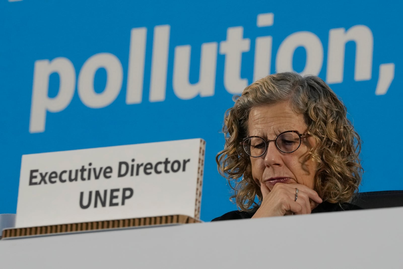 Inger Andersen, Executive Director of UNEP, gestures before the start of a plenary of the fifth session of the Intergovernmental Negotiating Committee on Plastic Pollution in Busan, South Korea, Sunday, Dec. 1, 2024. (AP Photo/Ahn Young-joon)