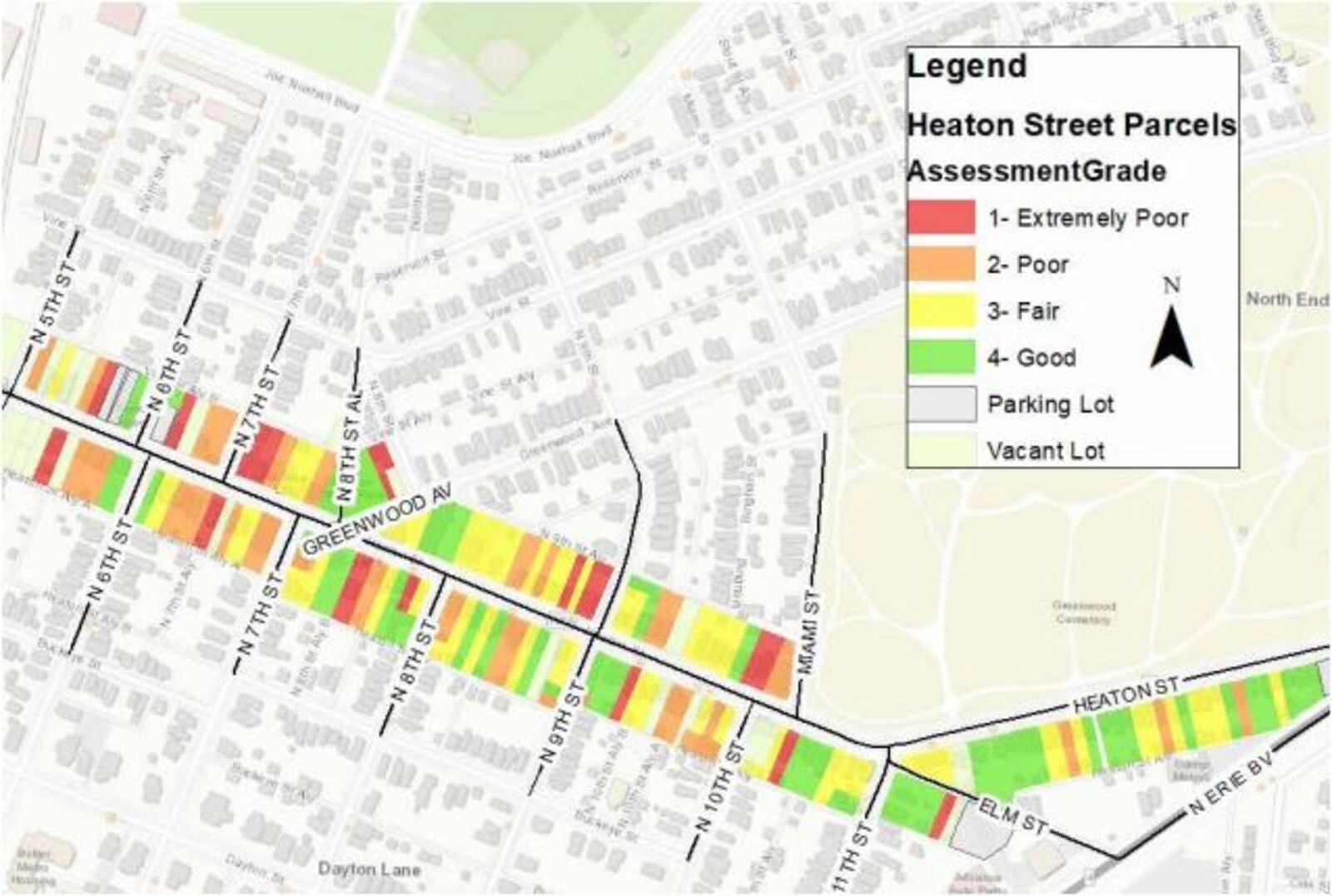 This graphic created by Miami University students shows the conditions of properties along Heaton Street in the North End neighborhood. PROVIDED