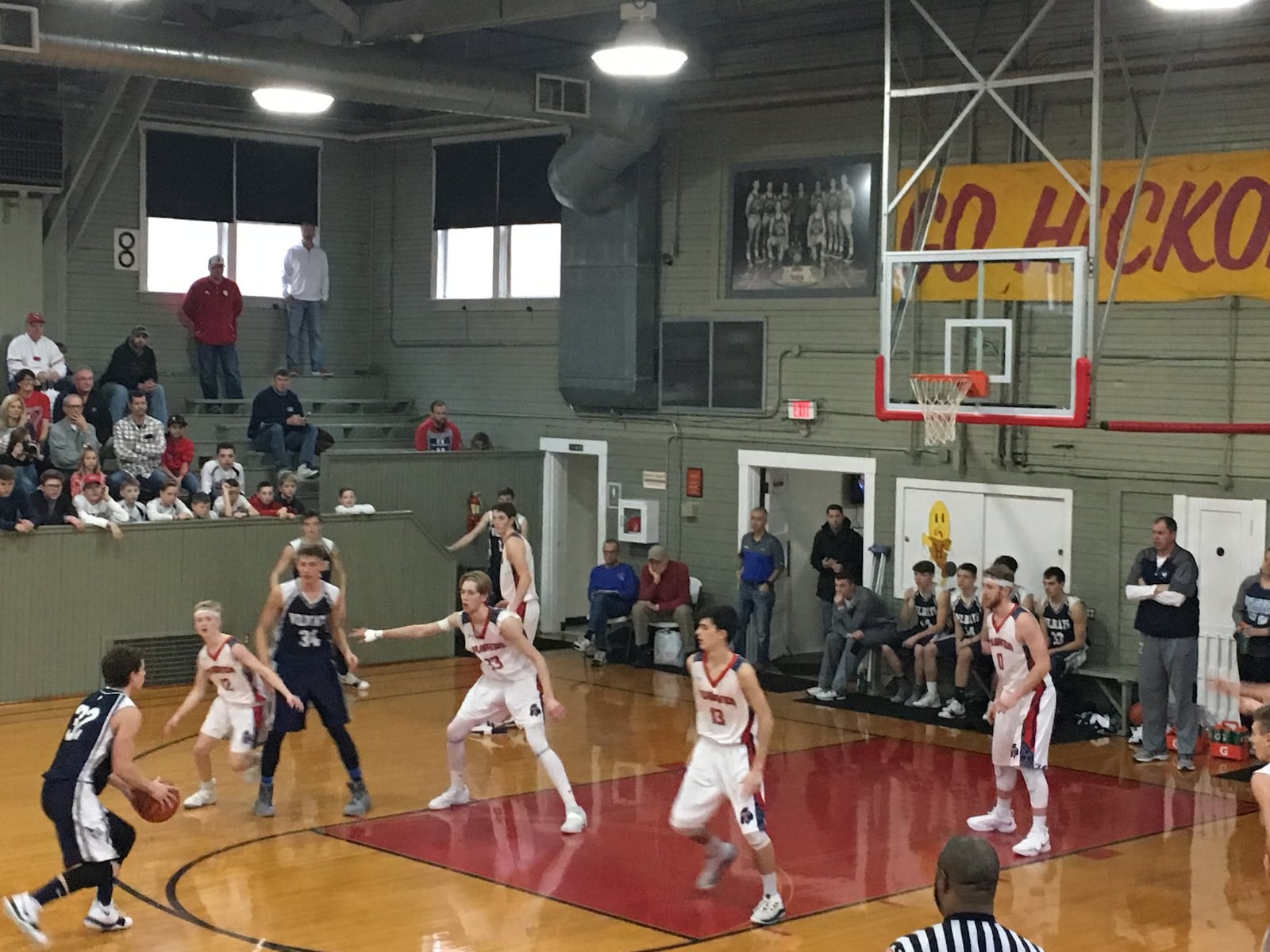 Talawanda’s Craig James (22), Josh DeWitt (33) and Tommy Winkler (13) make moves toward Augustus Runyon of Franklin County (Ind.) on Saturday afternoon at the Hoosier Gym in Knightstown, Ind. RICK CASSANO/STAFF