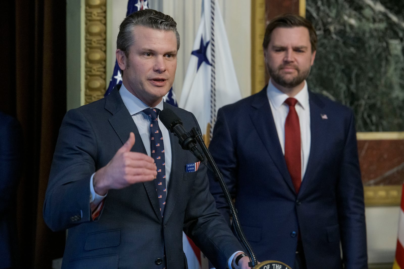 Pete Hegseth speaks after being sworn in as Secretary of Defense by Vice President JD Vance in the Indian Treaty Room of the Eisenhower Executive Office Building on the White House campus in Washington, Saturday, Jan. 25, 2025. (AP Photo/Rod Lamkey, Jr.)