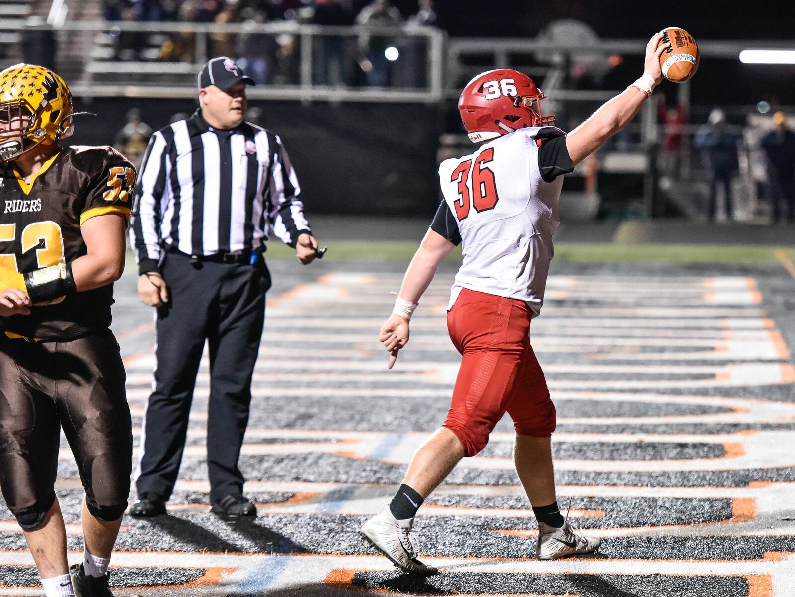 Madison’s Cole Pelgen carries the ball in for a touchdown during the Division V, Region 20 final against West Jefferson on Nov. 17, 2017, at Beavercreek. Madison won 42-7. NICK GRAHAM/STAFF