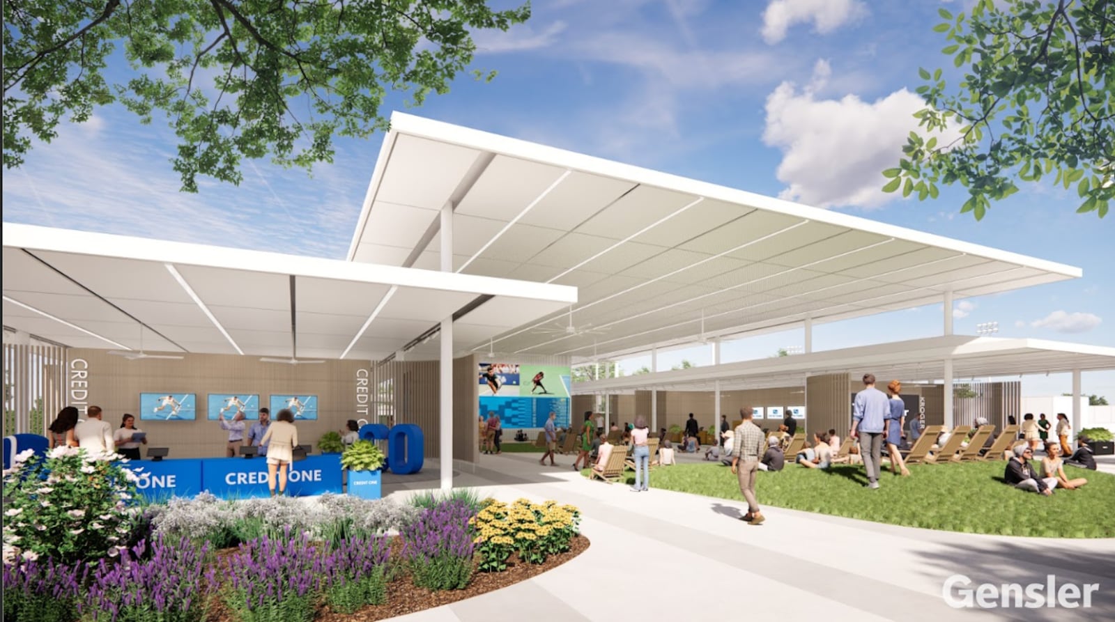 This is a rendering of a new fan plaza at the Lindner Family Tennis Center in Mason, home of the Cincinnati Open tennis tournament. The new fan plaza is part of a $260 million renovation of the campus ahead of the tournament's expansion in 2025. CONTRIBUTED/CINCINNATI OPEN