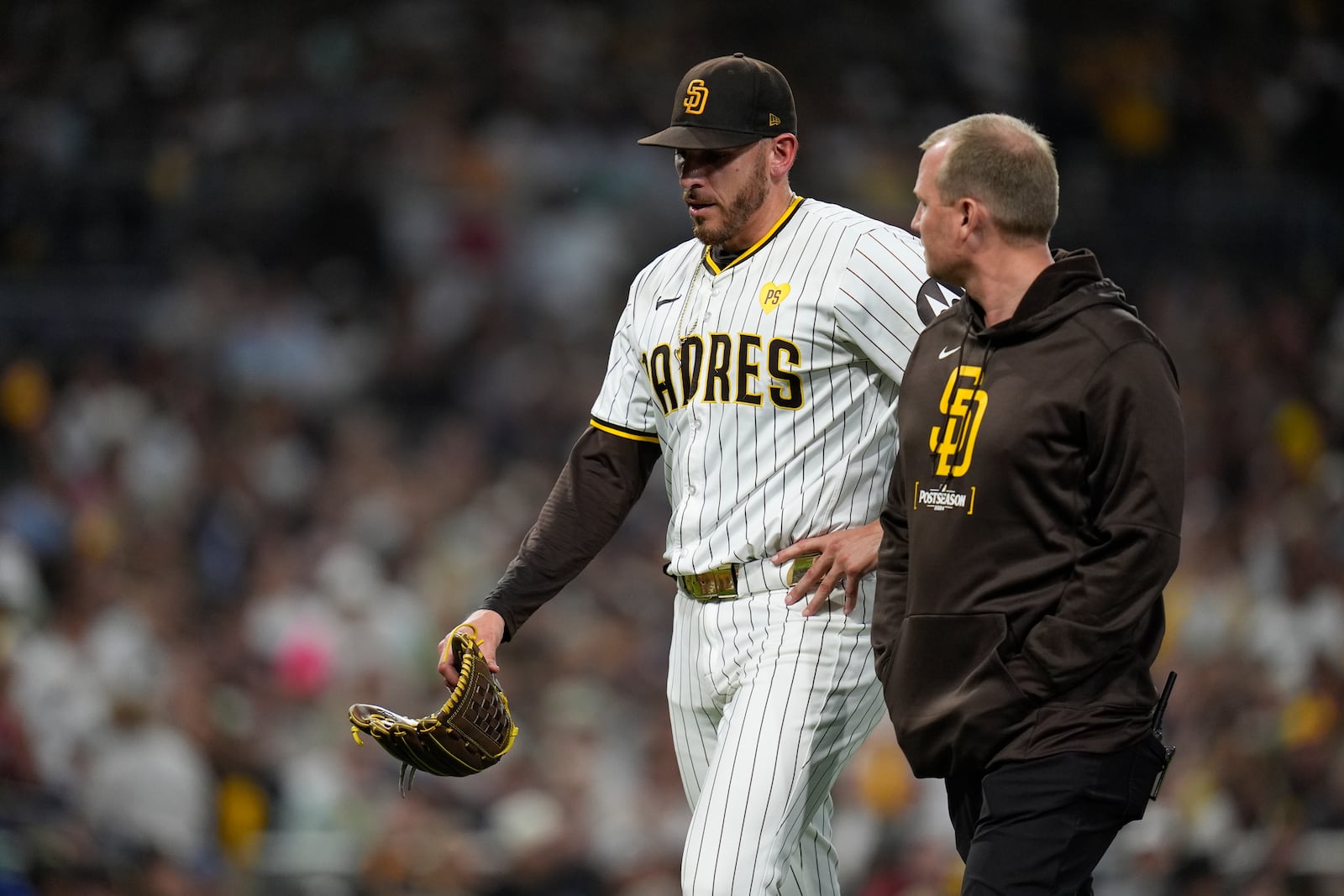 FILE - San Diego Padres starting pitcher Joe Musgrove exits the game during the fourth inning in Game 2 of an NL Wild Card Series baseball game against the Atlanta Braves, Wednesday, Oct. 2, 2024, in San Diego. (AP Photo/Gregory Bull, File)