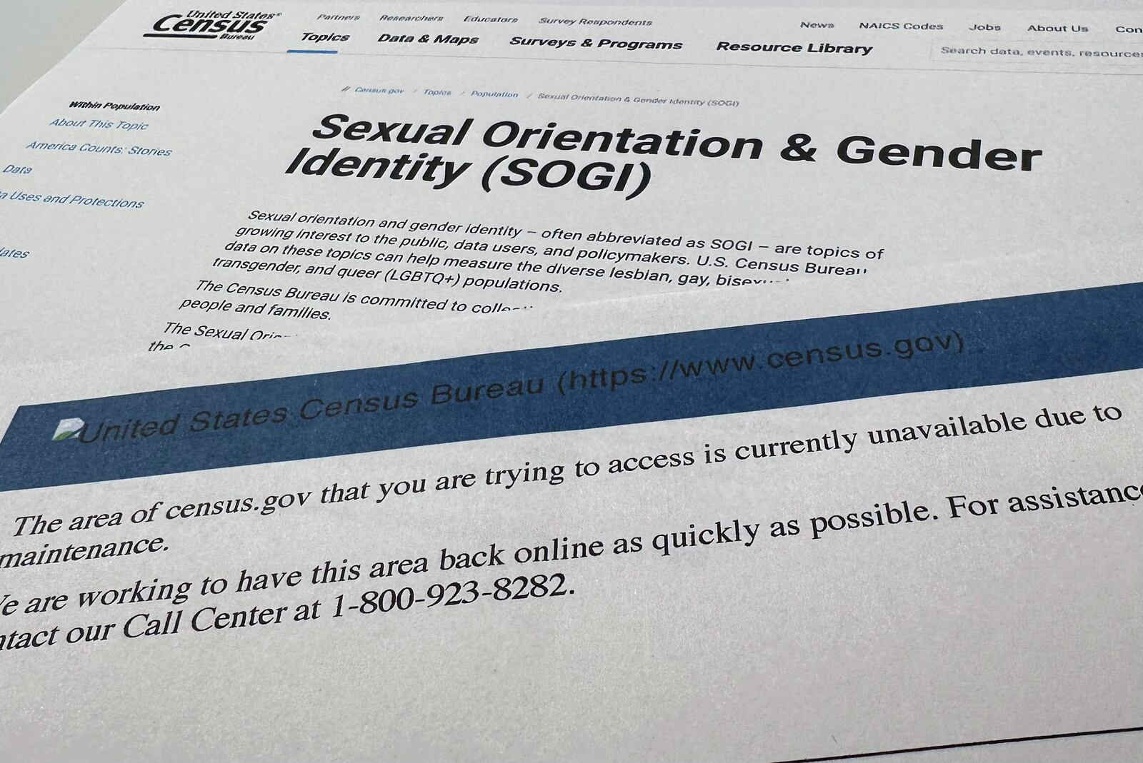 A page, top, from the Census.gov website that displayed on Jan. 24, about sexual orientation and gender identity, and the error page, bottom, showing the page is not available on Jan. 31, is photographed Friday, Jan. 31, 2025. (AP Photo/Jon Elswick)