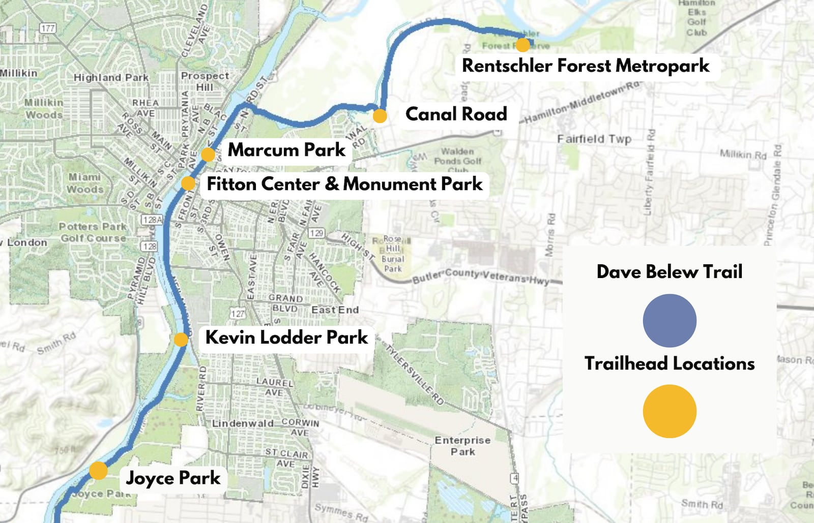 Hamilton Community Foundation names part of the Great Miami River Trail for Dave Belew, who was a key figure in getting the trail constructed from Joyce Park in Hamilton at the border with Fairfield to Rentschler Forest MetroPark. Pictured is a map of the route with designated trailheads. PROVIDED