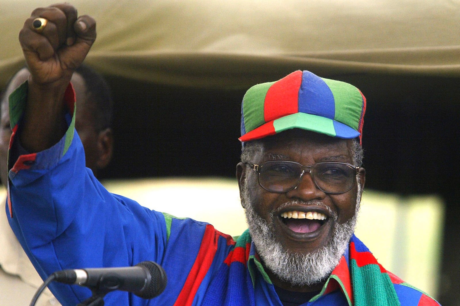 FILE - Namibian and ruling Swapo party President Sam Nujoma speaks during an election rally in Windhoek, Namibia, Nov. 13, 2004. (AP Photo/Themba Hadebe, File)