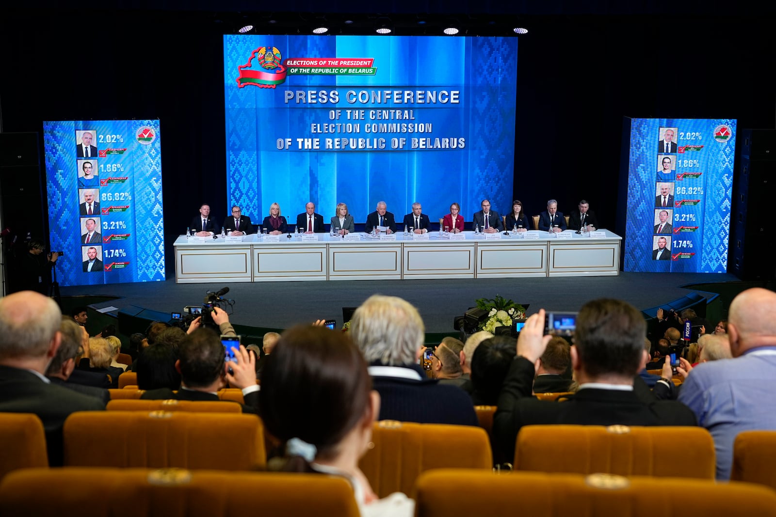 The head of the Central Commission of the Republic of Belarus Igor Karpenko, center, and his colleagues attend a news conference on presidential election results in Minsk, Belarus, Monday, Jan. 27, 2025. (AP Photo/Pavel Bednyakov)