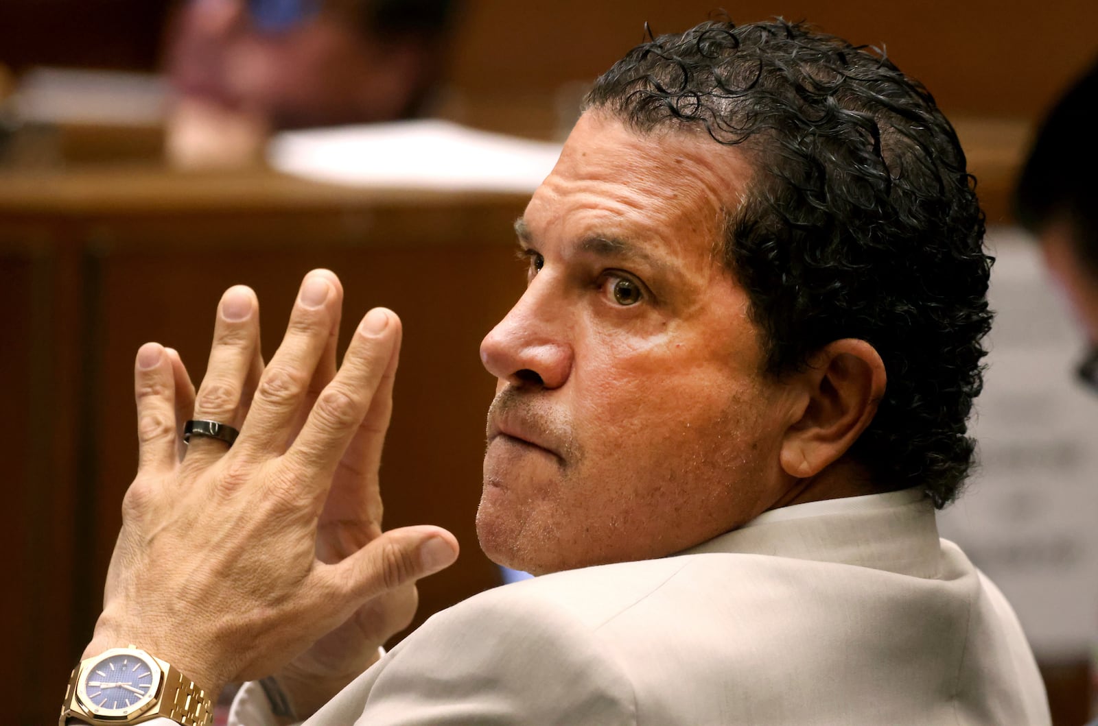 Defense attorney Joe Tacopina listens to opening remarks from the prosecuting attorney during the trial of his client, Rakim Mayers, aka A$AP Rocky, at the Clara Shortridge Foltz Criminal Justice Center in downtown Los Angeles, Friday, Jan. 24, 2025. (Genaro Molina/Los Angeles Times via AP, Pool)