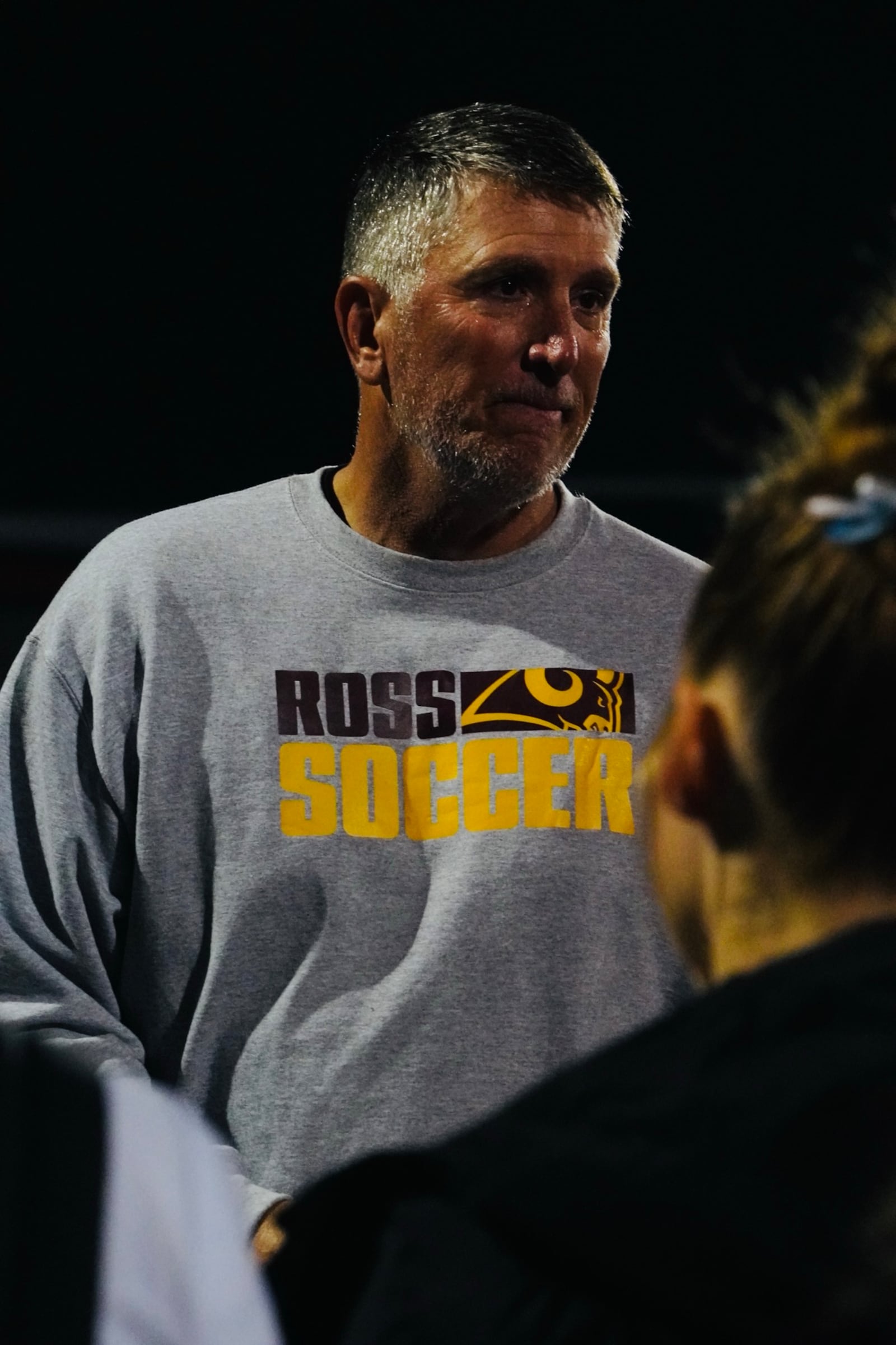 Ross coach Patrick O'Leary talks with his team Tuesday night after the Rams lost 2-1 to Vandalia Butler in a Division III regional semifinal at Beavercreek. Chris Vogt/CONTRIBUTED