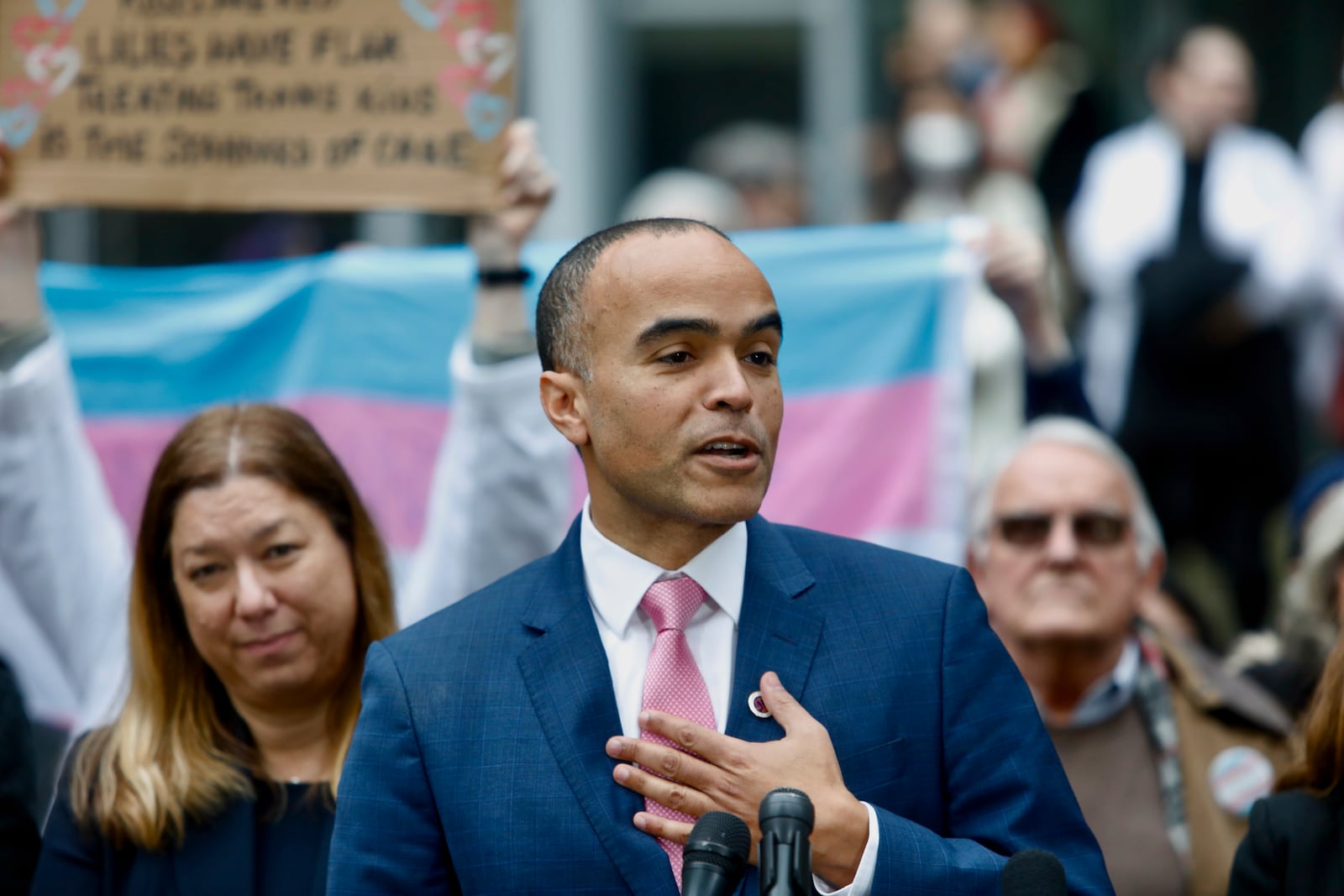 Washington Attorney General Nick Brown speaks during a news conference after a second federal judge paused President Donald Trump's order against gender-affirming care for youth outside the Seattle federal courthouse on Friday, Feb. 14, 2025. (AP Photo/Manuel Valdes)