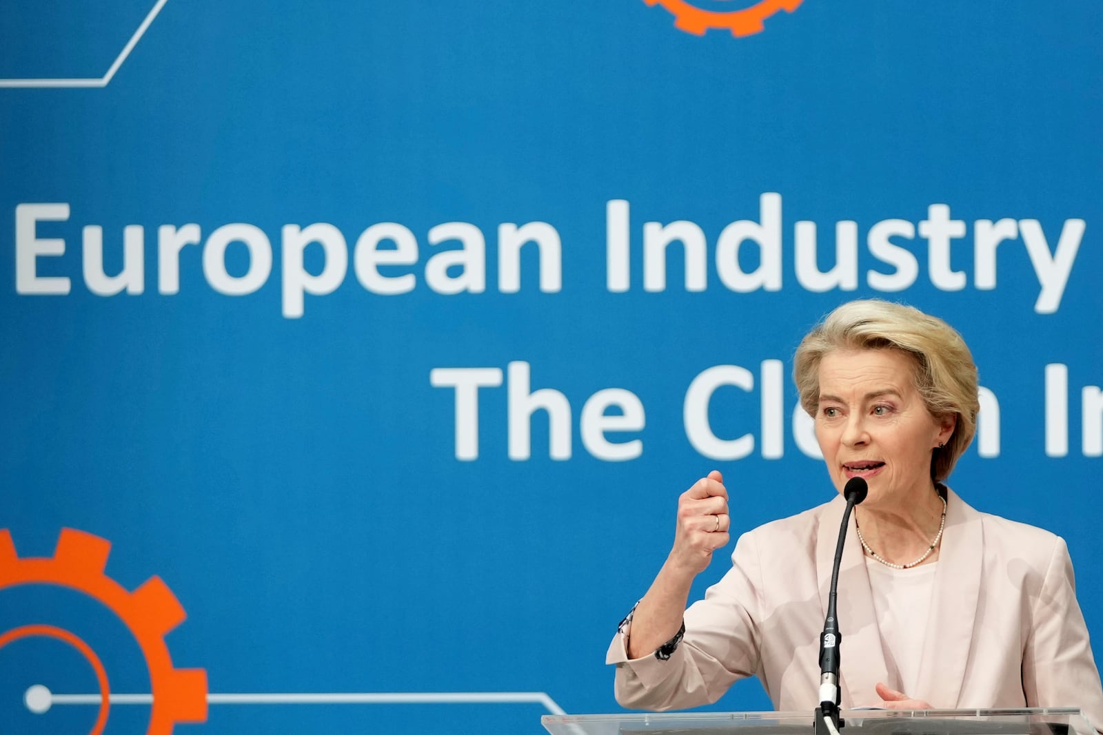 European Commission President Ursula von der Leyen speaks during the European Industry Summit in Antwerp, Belgium, Wednesday, Feb. 26, 2025. (AP Photo/Virginia Mayo)