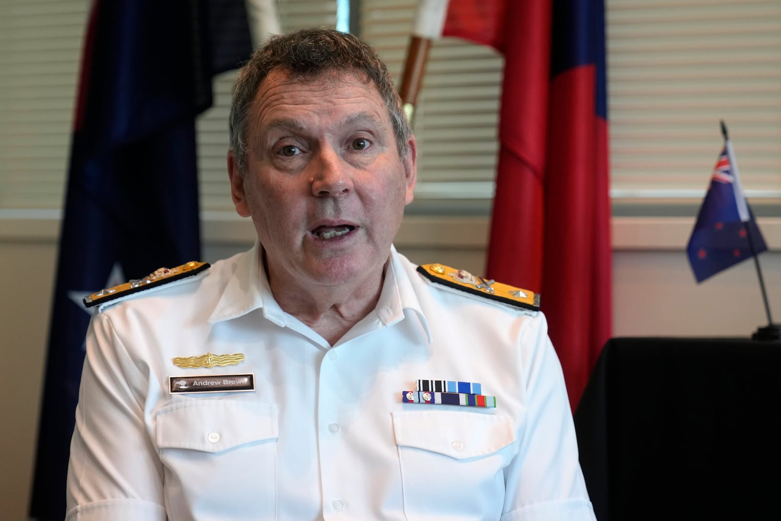 Deputy Chief of the New Zealand Navy, Commodore Andrew Brown comments in Apia, Samoa, on Tuesday, Oct. 22, 2024, about the sinking of HMNZS Manawanui. (AP Photo/Rick Rycroft)