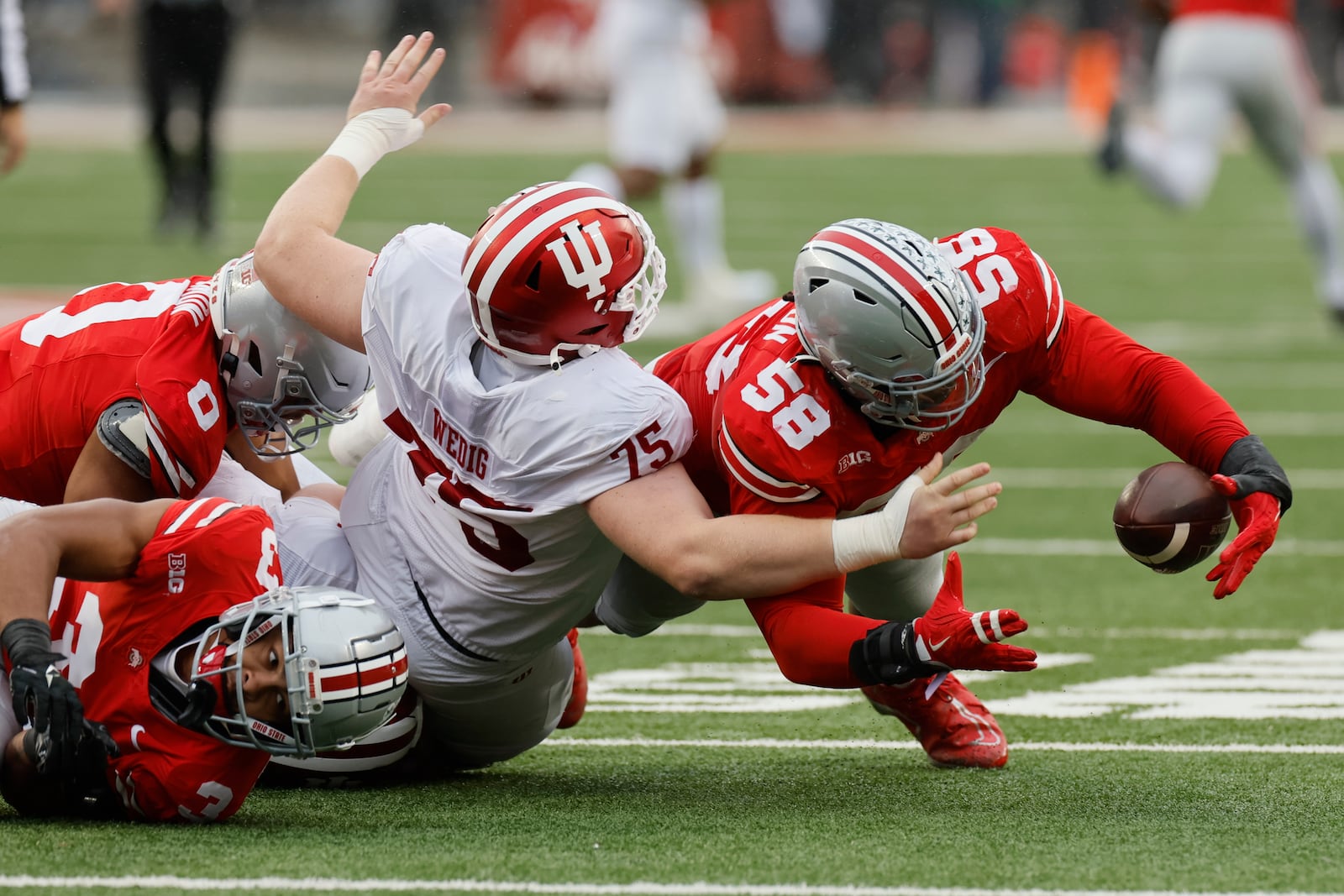 Ohio State defensive lineman Ty Hamilton, right, recovers a fumble against Indiana during the first half of an NCAA college football game Saturday, Nov. 23, 2024, in Columbus, Ohio. (AP Photo/Jay LaPrete)