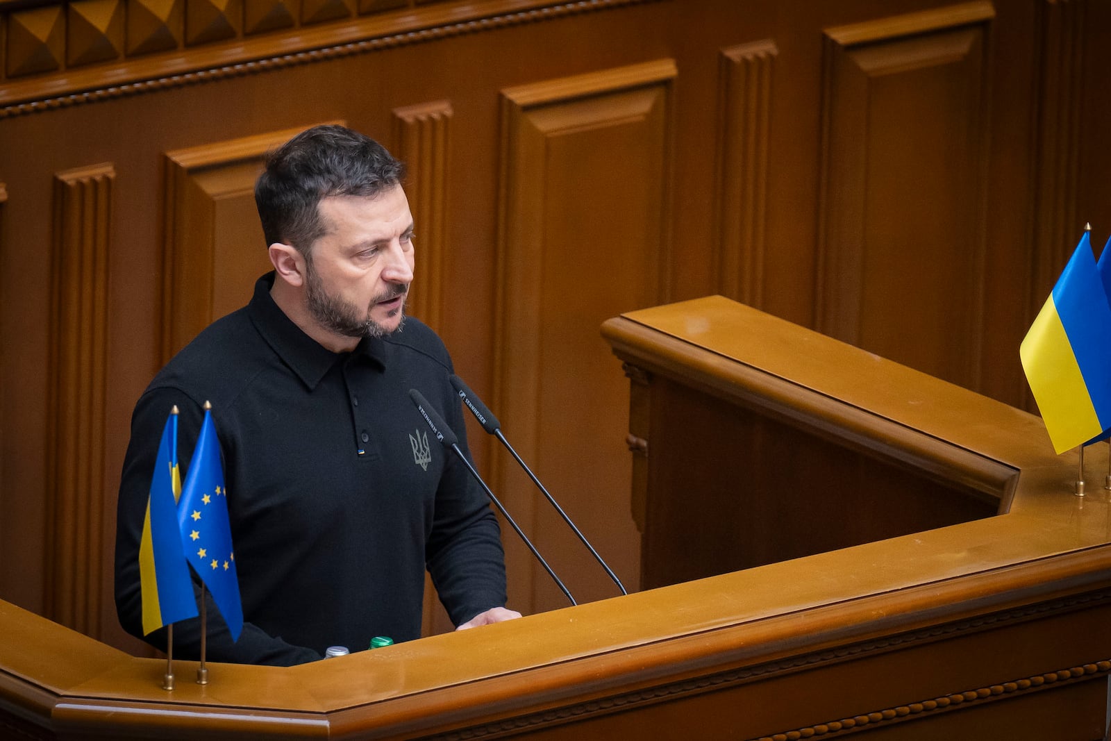 In this photo provided by the Press Service Of The President Of Ukraine on Oct. 16, 2024, Ukraine's President Volodymyr Zelenskyy speaks to parliamentarians at Verkhovna Rada in Kyiv, Ukraine. (Press Service Of The President Of Ukraine via AP)