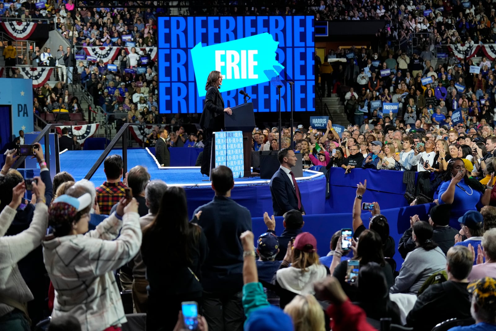 Democratic presidential nominee Vice President Kamala Harris speaks during a campaign rally at Erie Insurance Arena, in Erie, Pa., Monday, Oct. 14, 2024. (AP Photo/Jacquelyn Martin)