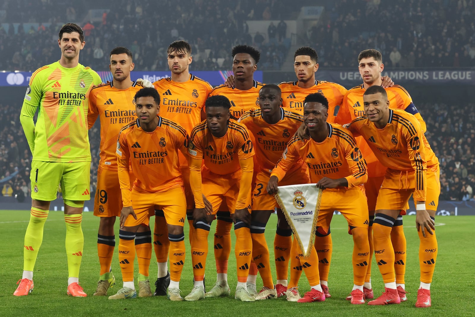 Real Madrid pose for a team group before the Champions League playoff first leg soccer match between Manchester City and Real Madrid at the Etihad Stadium in Manchester, England, Tuesday, Feb. 11, 2025. (AP Photo/Darren Staples)