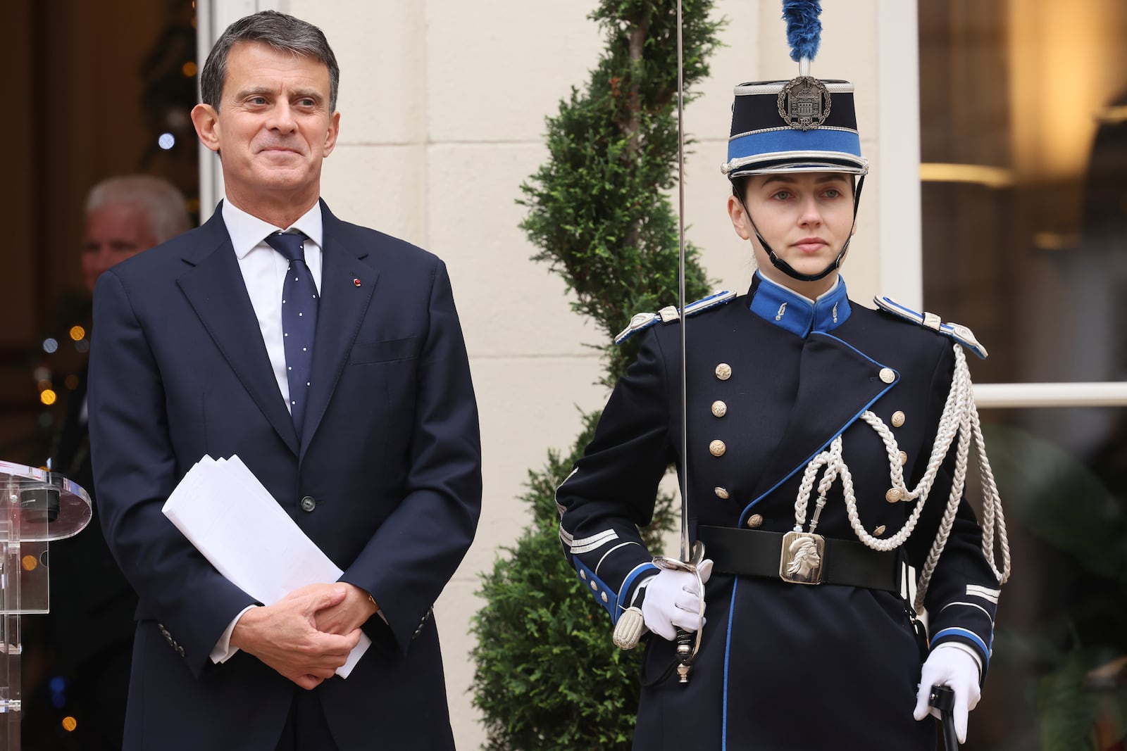 Newly named Minister for Overseas Affairs Emmanuel Valls looks on after the hand over ceremony, in Paris, Tuesday, Dec. 24, 2024. (AP Photo/Thomas Padilla)