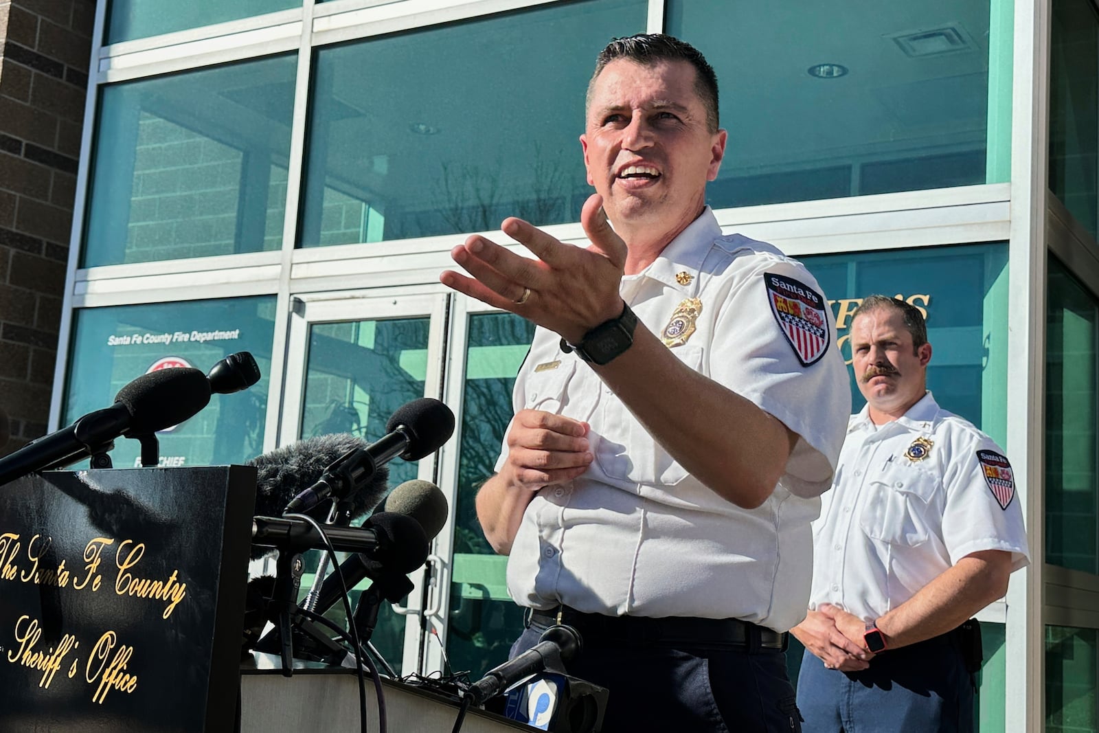 Santa Fe Fire Chief Brian Moya answers questions about the investigation into the deaths of actor Gene Hackman and his wife Betsy Arakawa during a news conference in Santa Fe, N.M., Friday, Feb. 28, 2025. (AP Photo/Susan Montoya Bryan)