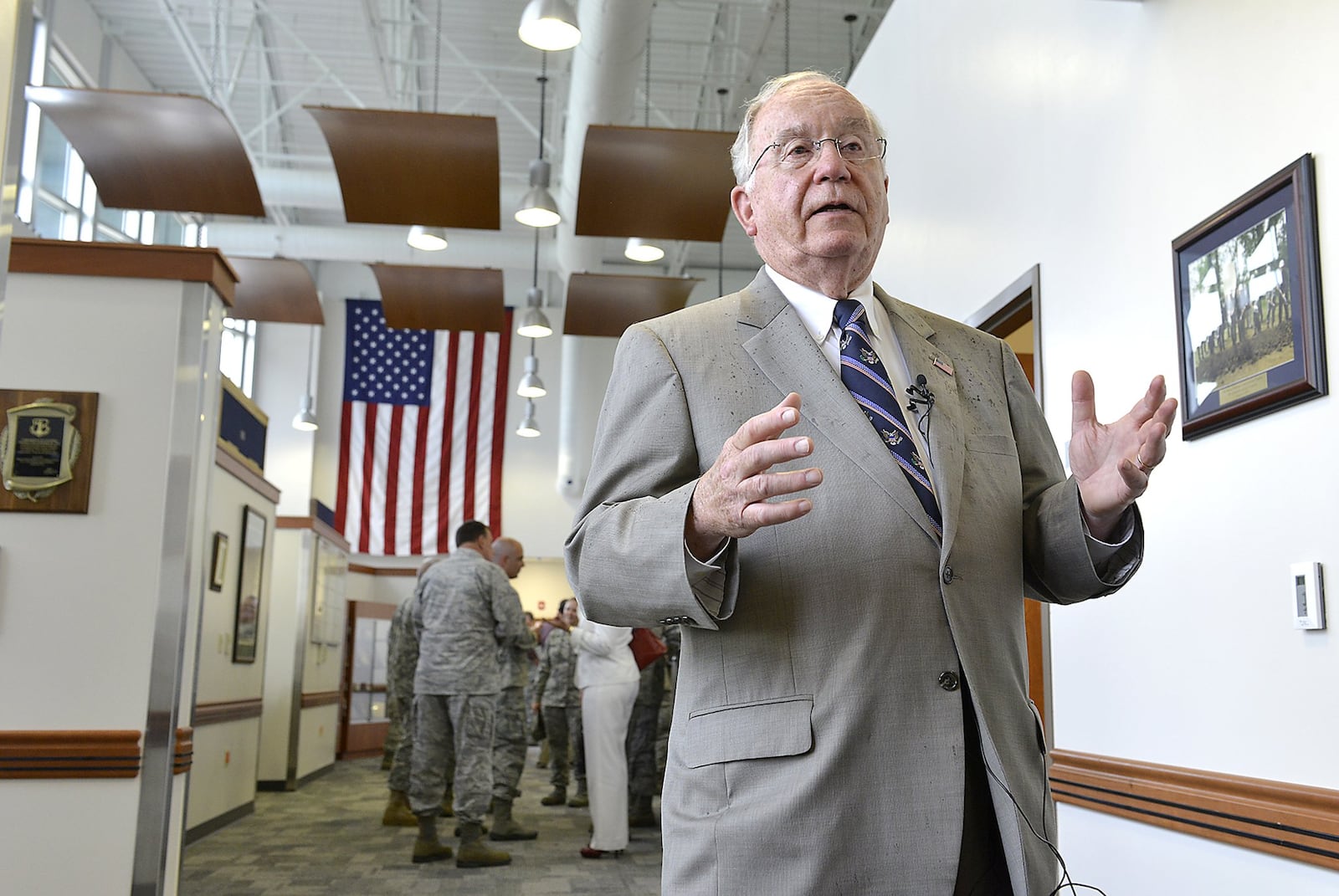 In this file photo from 2014, former U.S. Rep. Dave Hobson talks about the new Hobson Cyberspace Communications Complex that was being dedicated at the Ohio Air National Guard Base in Springfield. Bill Lackey/Staff