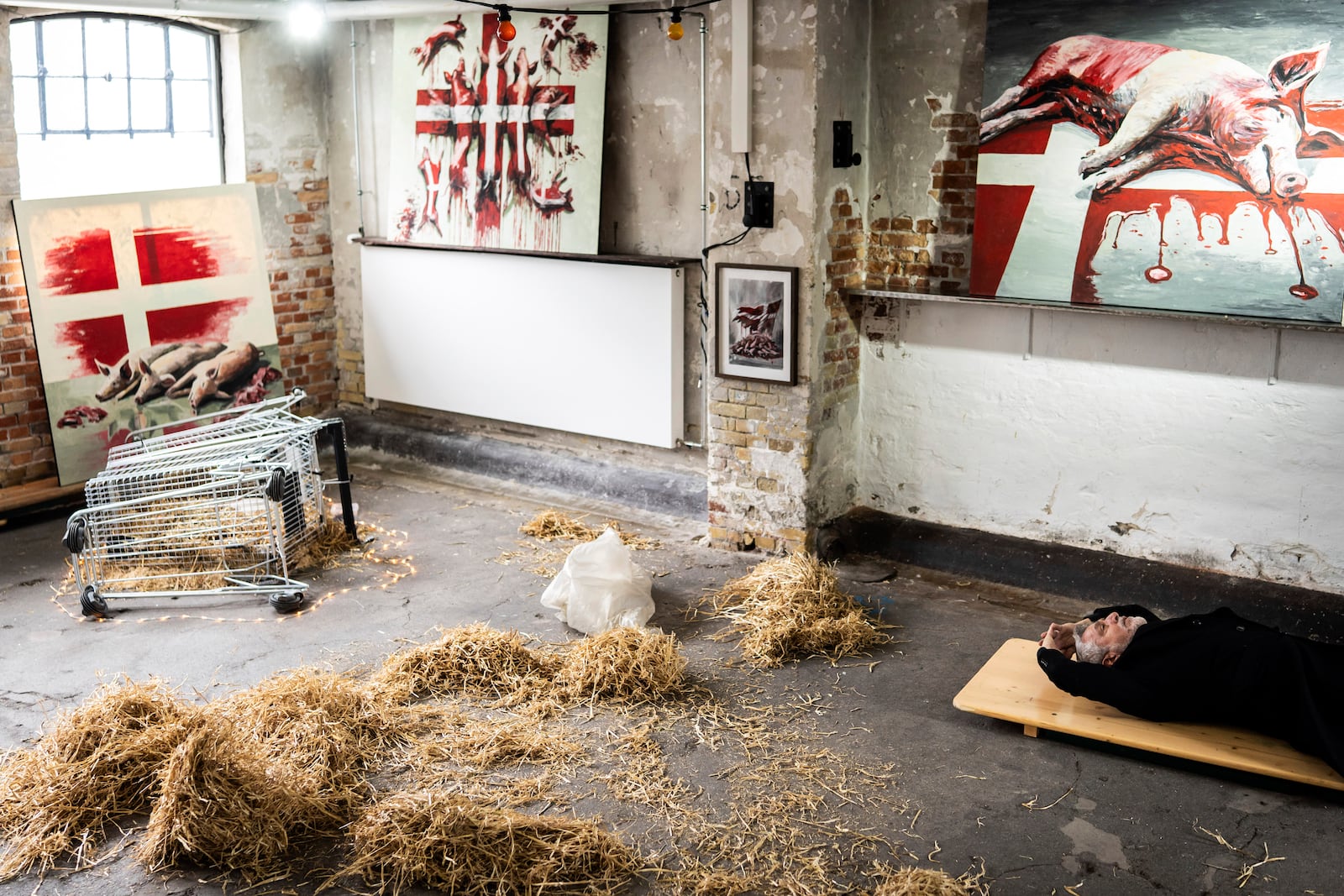 A view of the exhibition "And now you care" by the artist Marco Evaristtis, before the opening in Den Graa Koedby in Copenhagen, Friday, Feb. 28, 2025. (Emil Nicolai Helms/Ritzau Scanpix via AP)