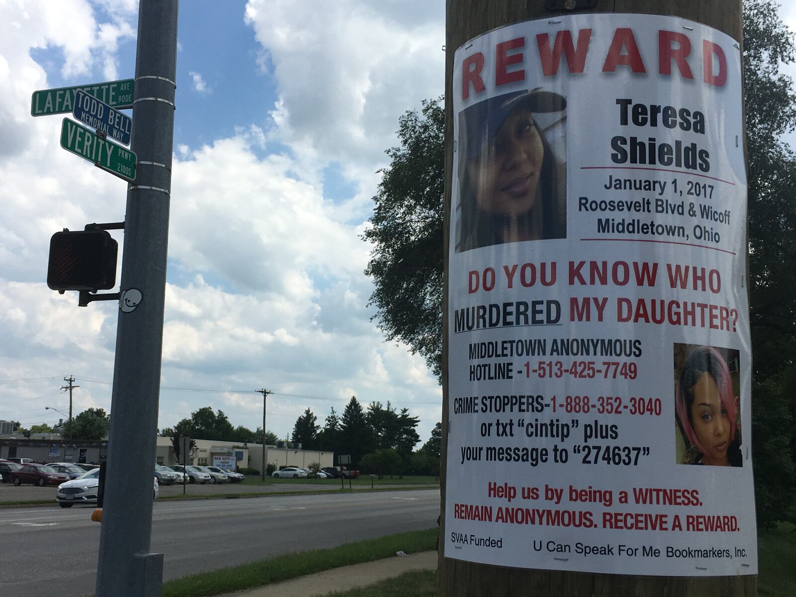 New posters featuring photos of Teresa Shields and offering a reward for information in her unsolved homicide have started appearing in Middletown. The posters are the work of the group U-Can-Speak-For-Me, which was founded by a Cincinnati mother whose son was murdered. 