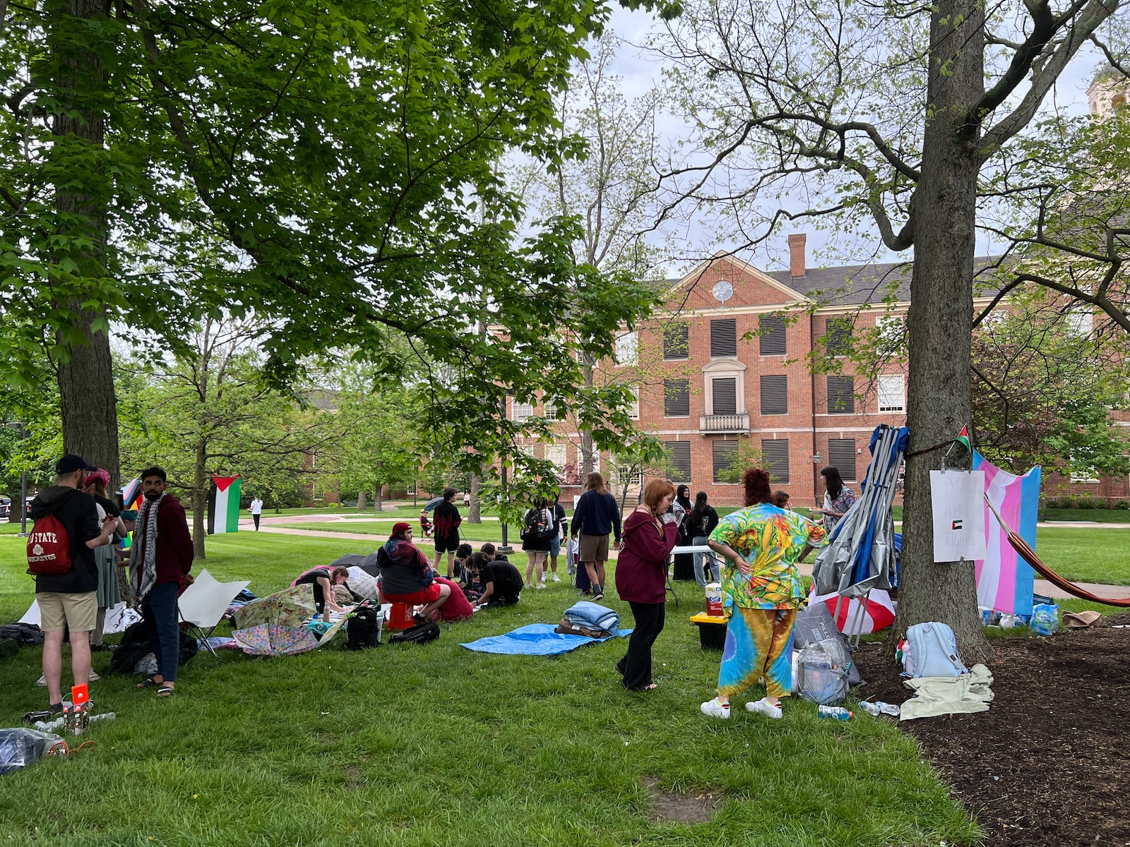 A pro-Palestinian encampment started by the Miami University chapter of Students for Justice in Palestine entered its second night Friday, May 3, 2024, on the academic quad outside Roudebush Hall, the university’s main administrative building. SEAN SCOTT/CONTRIBUTED