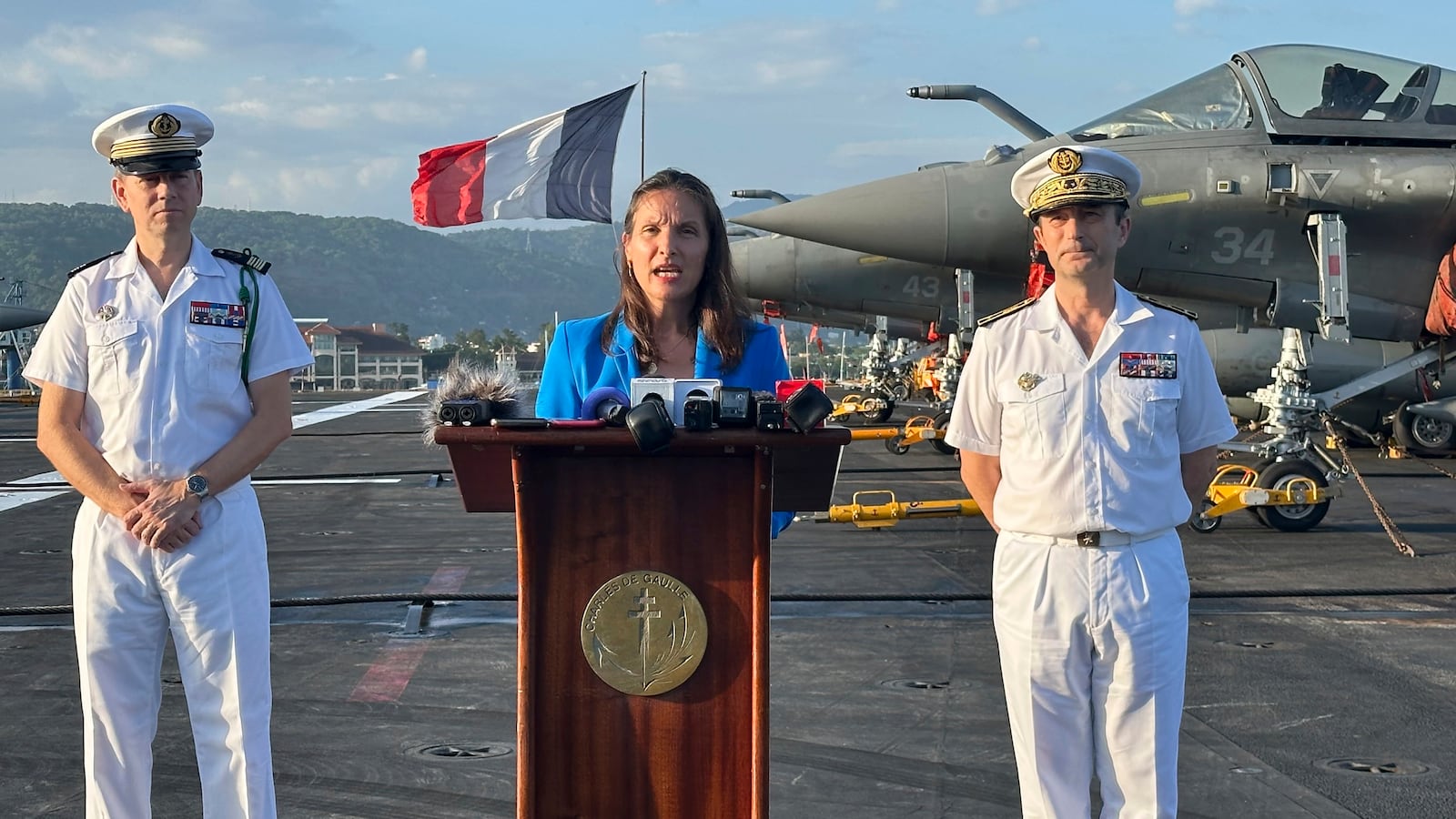 French Ambassador Marie Fontanel speaks during a news conference onboard French aircraft carrier The Charles de Gaulle at Subic Bay port, a former U.S. Naval base northwest of Manila, Philippines, Sunday, Feb. 23, 2025. (AP Photo/Joeal Calupitan)