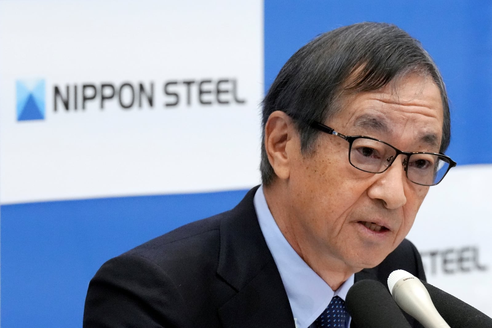 Eiji Hashimoto, chairman and CEO of Nippon Steel Corporation, speaks during a press conference at their company headquarters Tuesday, Jan. 7, 2025, in Tokyo. (AP Photo/Eugene Hoshiko)