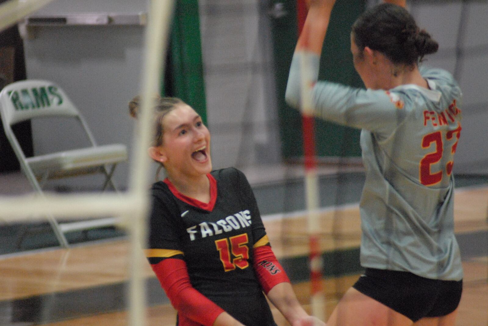 Fenwick junior Maya Balcavage (15) celebrates a point with junior Sophia Arends during Thursday's match against Badin. Chris Vogt/CONTRIBUTED