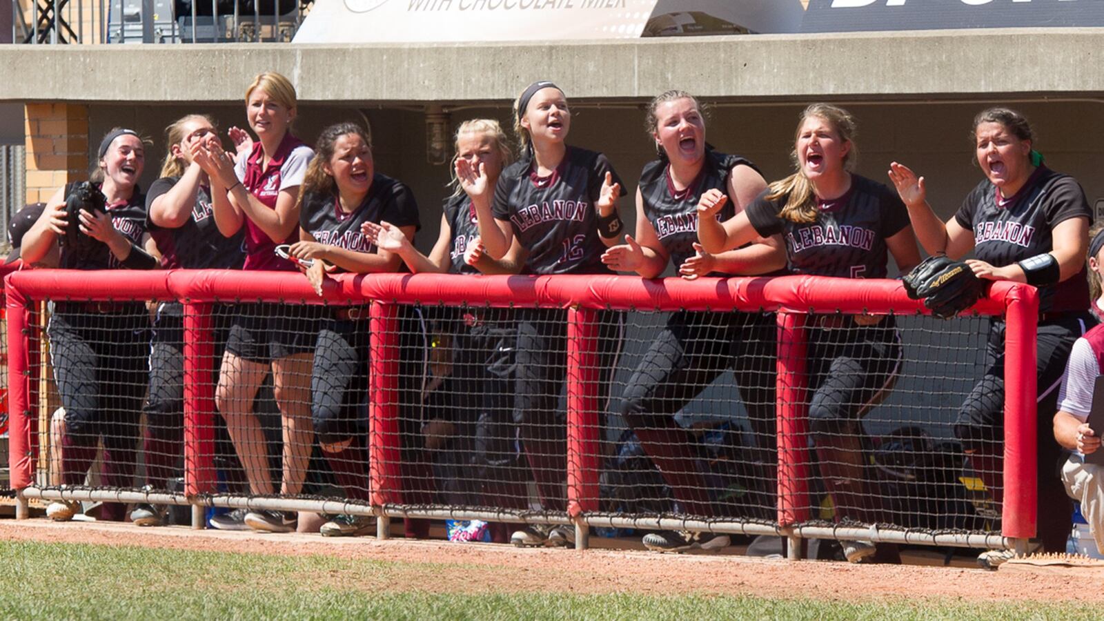 Lebanon’s softball players chant in the dugout during the fifth inning of Saturday’s Division I state final against Elyria at Firestone Stadium in Akron. CONTRIBUTED PHOTO BY BRYANT BILLING