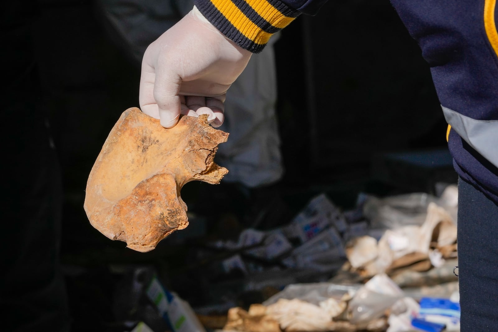 A member of the Syrian civil defense group, known as the White Helmets, holds up a human bone while searching for bodies at a morgue previously used by pro-government Iranian units, located near the Set Zainab shrine, south of Damascus, Syria, on Wednesday, Dec. 18, 2024 (AP Photo/Hussein Malla)