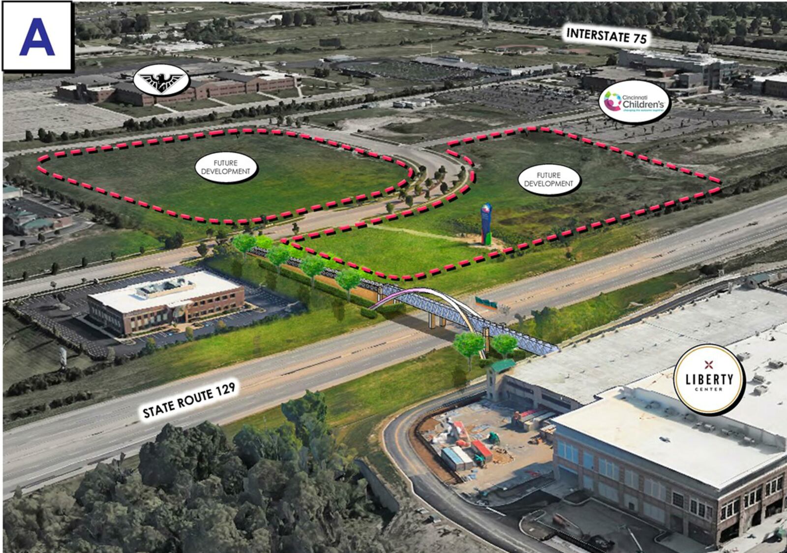 Liberty Twp. commissioned a feasibility study to ascertain whether it makes sense to make their commercial area more pedestrian friendly. Pictured here is a pedestrian bridge that could go from Cincinnati Children’s Hospital over Ohio 129 to Liberty Center.