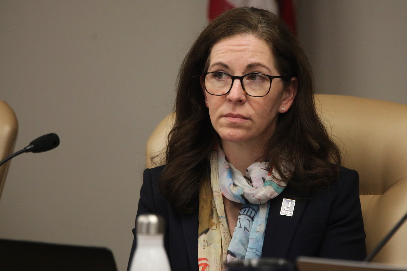 Kansas State Board of Education member Melanie Haas, center, D-Overland Park, listens to a comment as she presides over the board's regular monthly meeting, Wednesday, Oct. 9, 2024, in Topeka, Kan. (AP Photo/John Hanna)