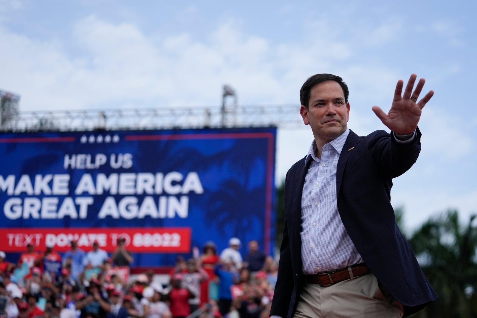 FILE - Sen. Marco Rubio, R-Fla., arrives to speak before Republican presidential candidate former President Donald Trump at a campaign rally at Trump National Doral Miami, in Doral, Fla., July 9, 2024. (AP Photo/Rebecca Blackwell, File)