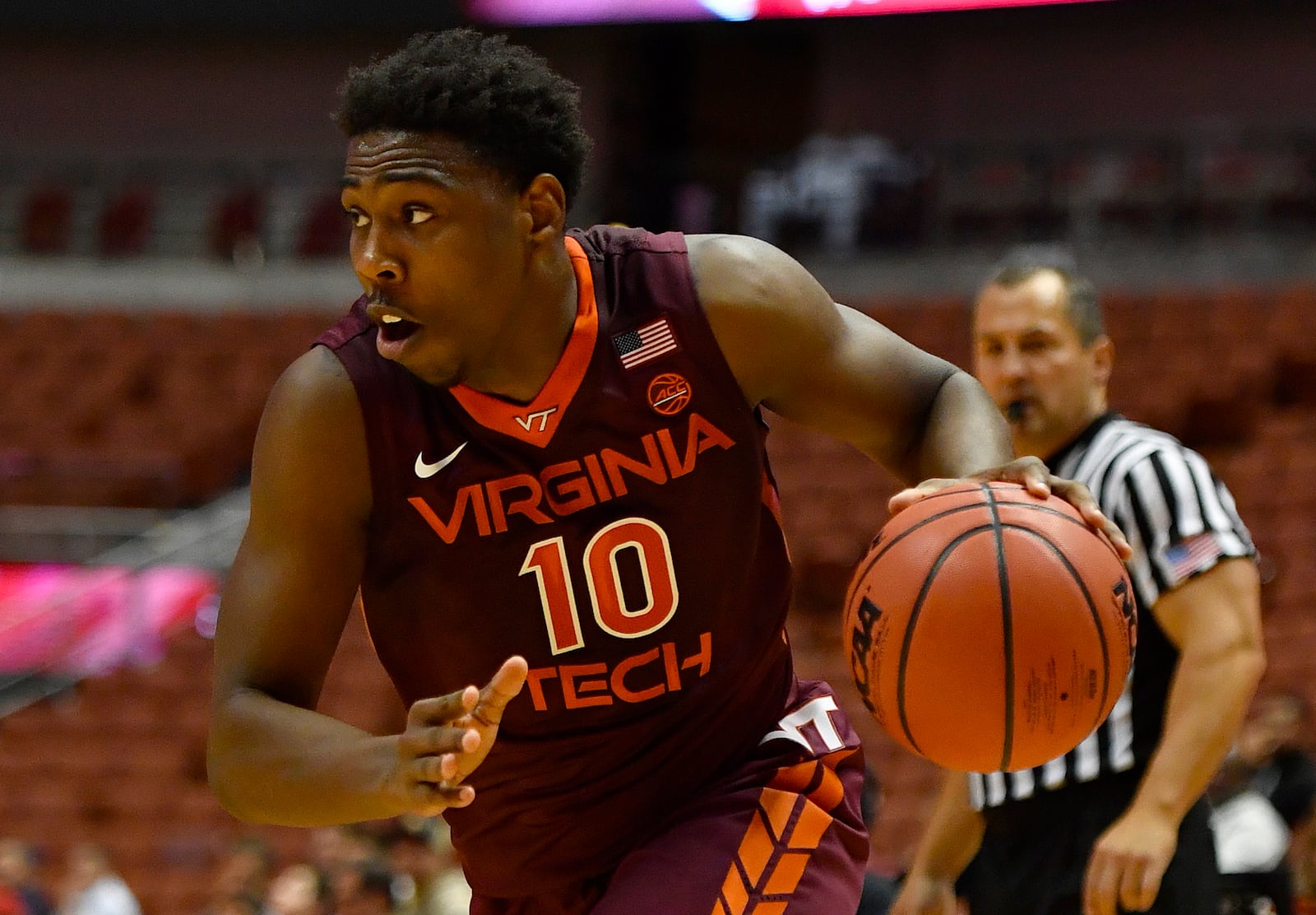 ANAHEIM, CA - NOVEMBER 27: Justin Bibbs #10 of the Virginia Tech Hokies dribbles the ball during the third place game against the Nebraska Cornhuskers at the Wooden Legacy at Honda Center on November 27, 2016 in Anaheim, California. (Photo by Robert Laberge/Getty Images)