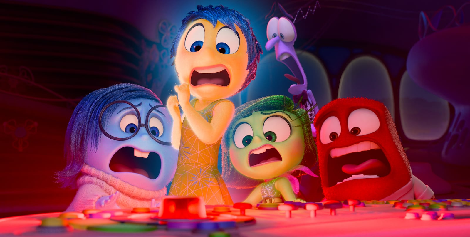 This image released by Disney/Pixar shows, from left, Sadness, voiced by Phyllis Smith, Joy, voiced by Amy Poehler, Disgust, voiced by Liza Lapira, Fear, voiced by Tony Hale and Anger, voiced by Lewis Black, in a scene from "Inside Out 2." (Disney/Pixar via AP)