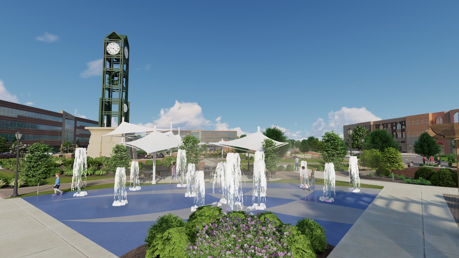 Preliminary plans for the next phase of The Square @ Union Center may include splash fountains. West Chester Twp. officials recently announced the hiring of the project development firm, which originally designed the popular community gathering spot opened 15 years ago, to offer up illustrations and proposals for changes to the square. (Contributed/Journal-News)