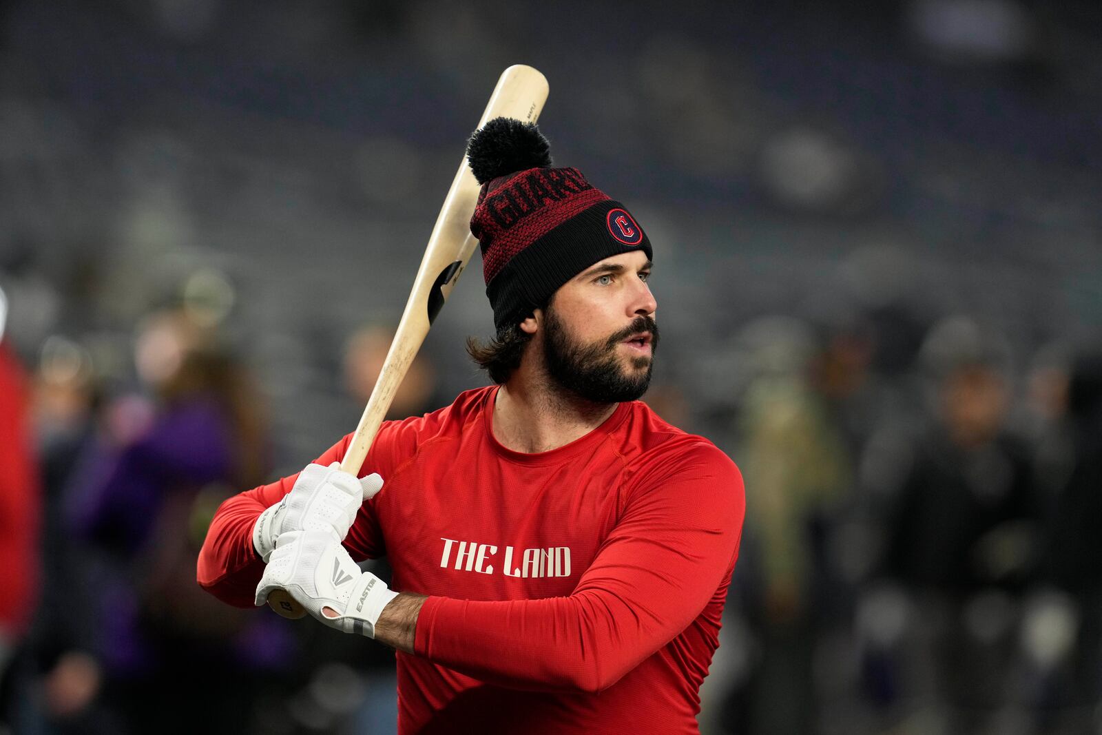 Cleveland Guardians' Austin Hedges waits to hit during batting practice before Game 2 of the baseball AL Championship Series against the New York Yankees Tuesday, Oct. 15, 2024, in New York. (AP Photo/Godofredo Vásquez)