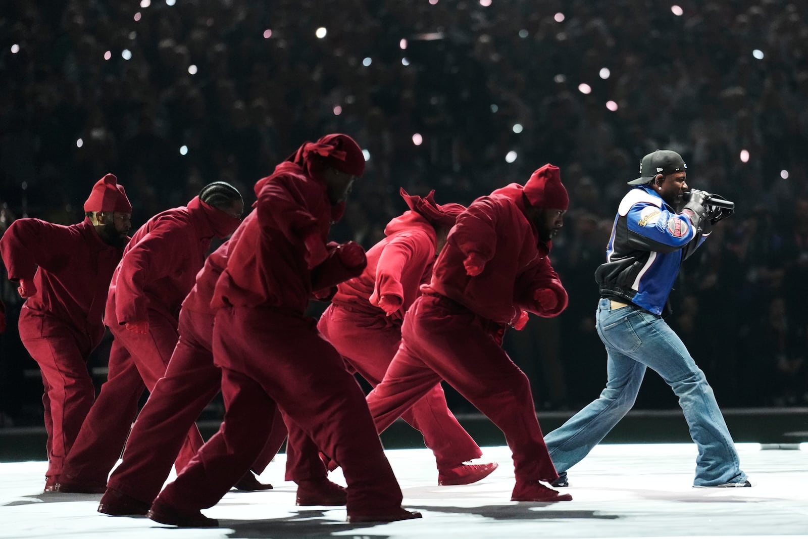 Kendrick Lamar performs during halftime of the NFL Super Bowl 59 football game between the Kansas City Chiefs and the Philadelphia Eagles, Sunday, Feb. 9, 2025, in New Orleans. (AP Photo/Ashley Landis)