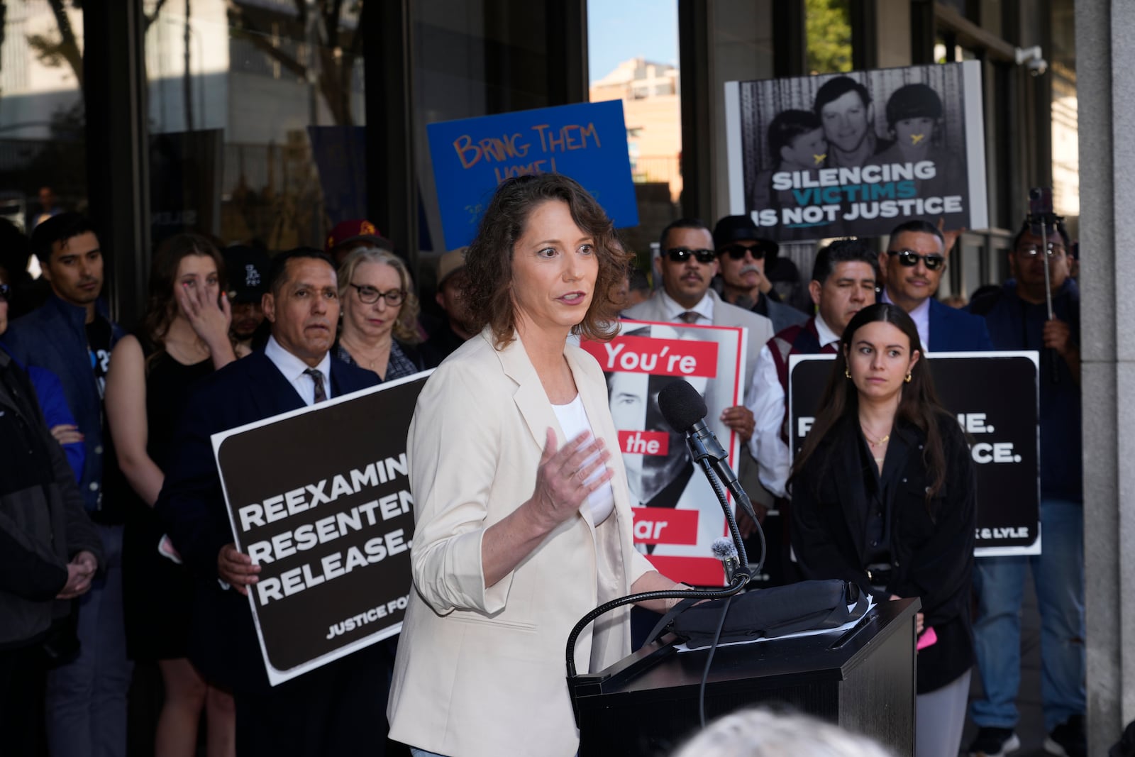 Anamaria Baralt, cousin of Erik and Lyle Menendez, speaks during a press conference regarding developments in the Menendez brothers case Thursday, March 20, 2025, in Los Angeles. (AP Photo/Damian Dovarganes)