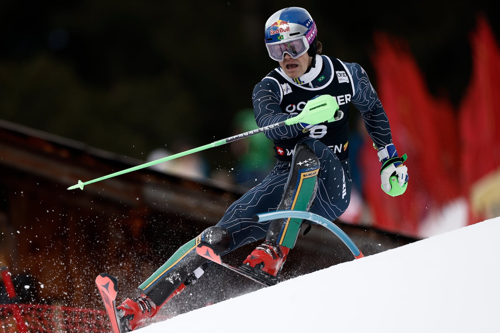 Brazil's Lucas Pinheiro Braathen competes in an alpine ski, men's World Cup slalom, in Wengen, Switzerland, Sunday, Jan. 19, 2025 (AP Photo/Gabriele Facciotti)